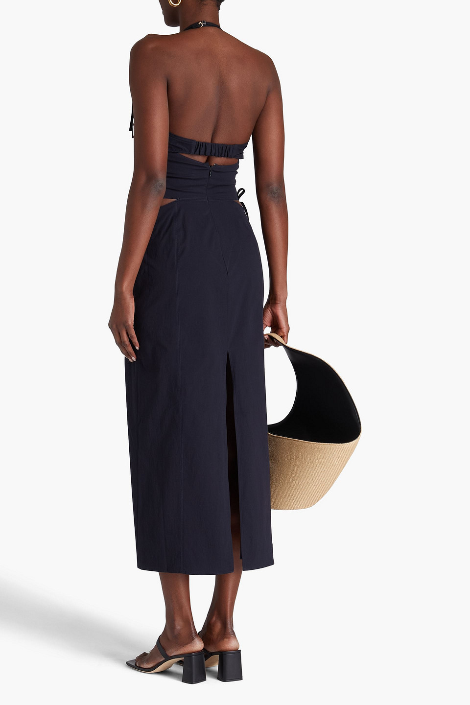 JACQUEMUS CUTOUT RUCHED COTTON-BLEND POPLIN MIDI DRESS