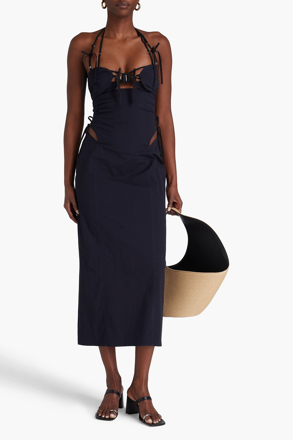 JACQUEMUS CUTOUT RUCHED COTTON-BLEND POPLIN MIDI DRESS
