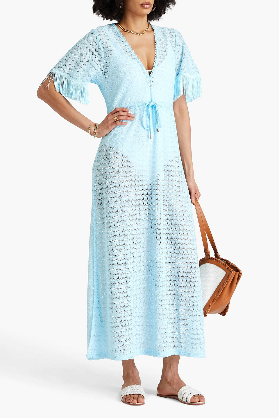 Melissa Odabash Phoebe Fringed Crocheted Maxi Dress In Sky Blue