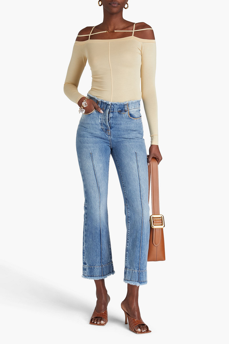 Jacquemus Le De Nimes Linon Frayed High-rise Kick-flare Jeans In Mid Denim