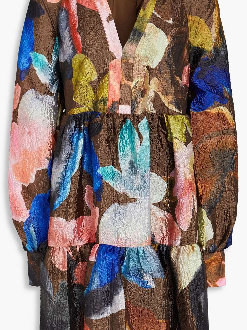 tiered floral-print cloqué mini dress
