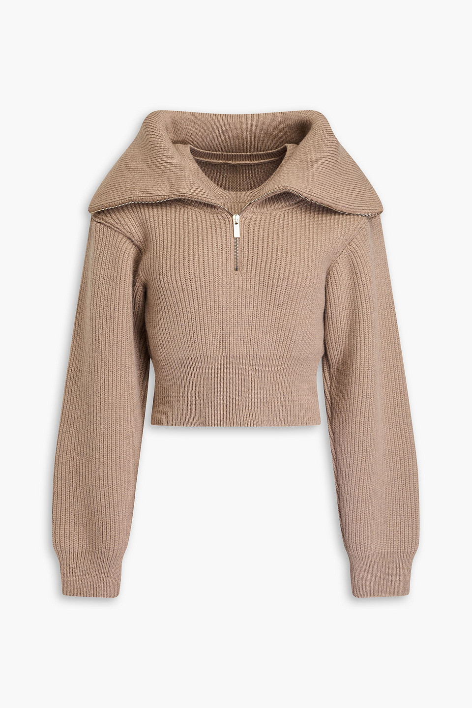 Jacquemus Risoul Cropped Ribbed Merino Wool Half-zip Sweater In Taupe