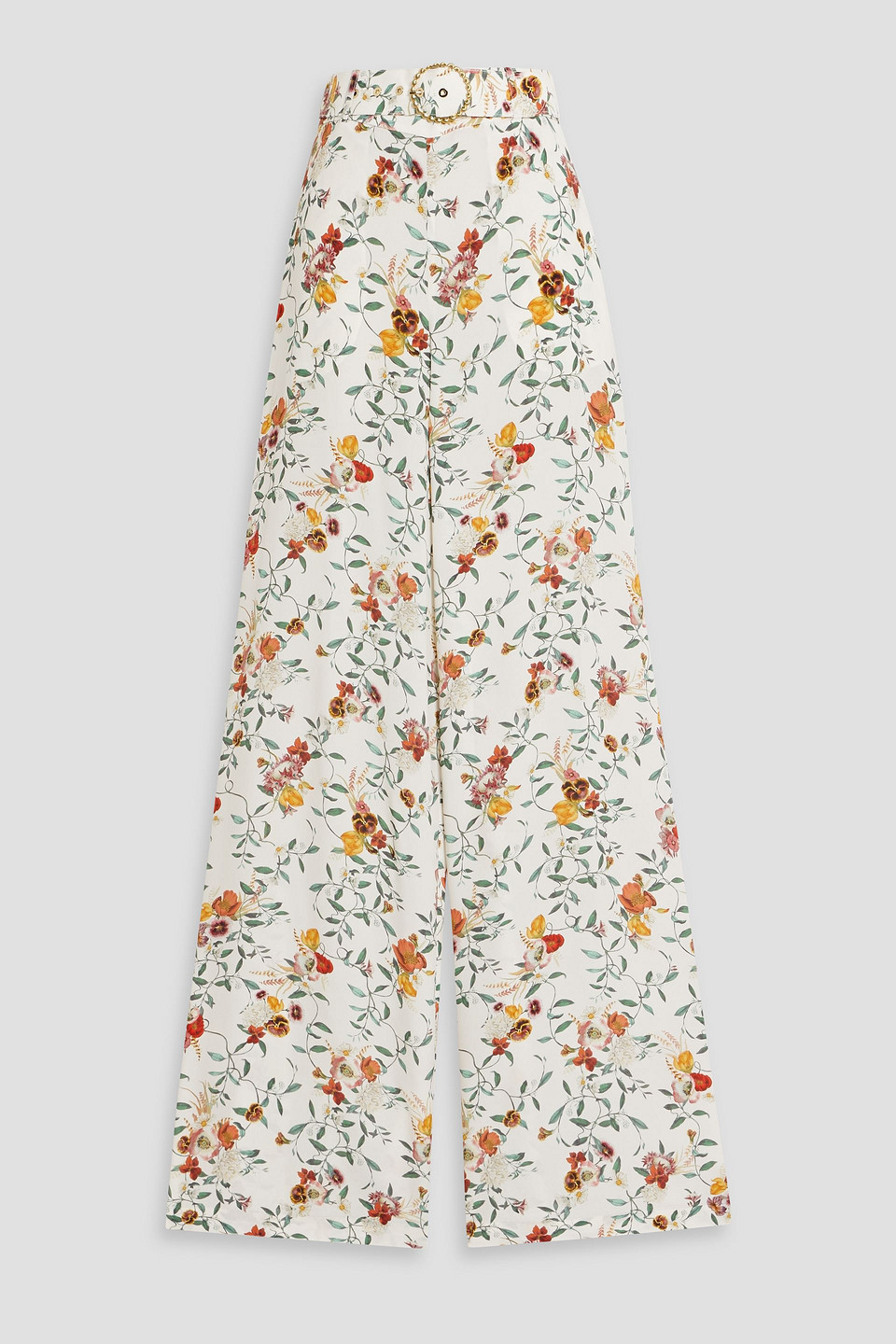 Zimmermann Belted Floral-print Crepe De Chine Wide-leg Pants In Ivory