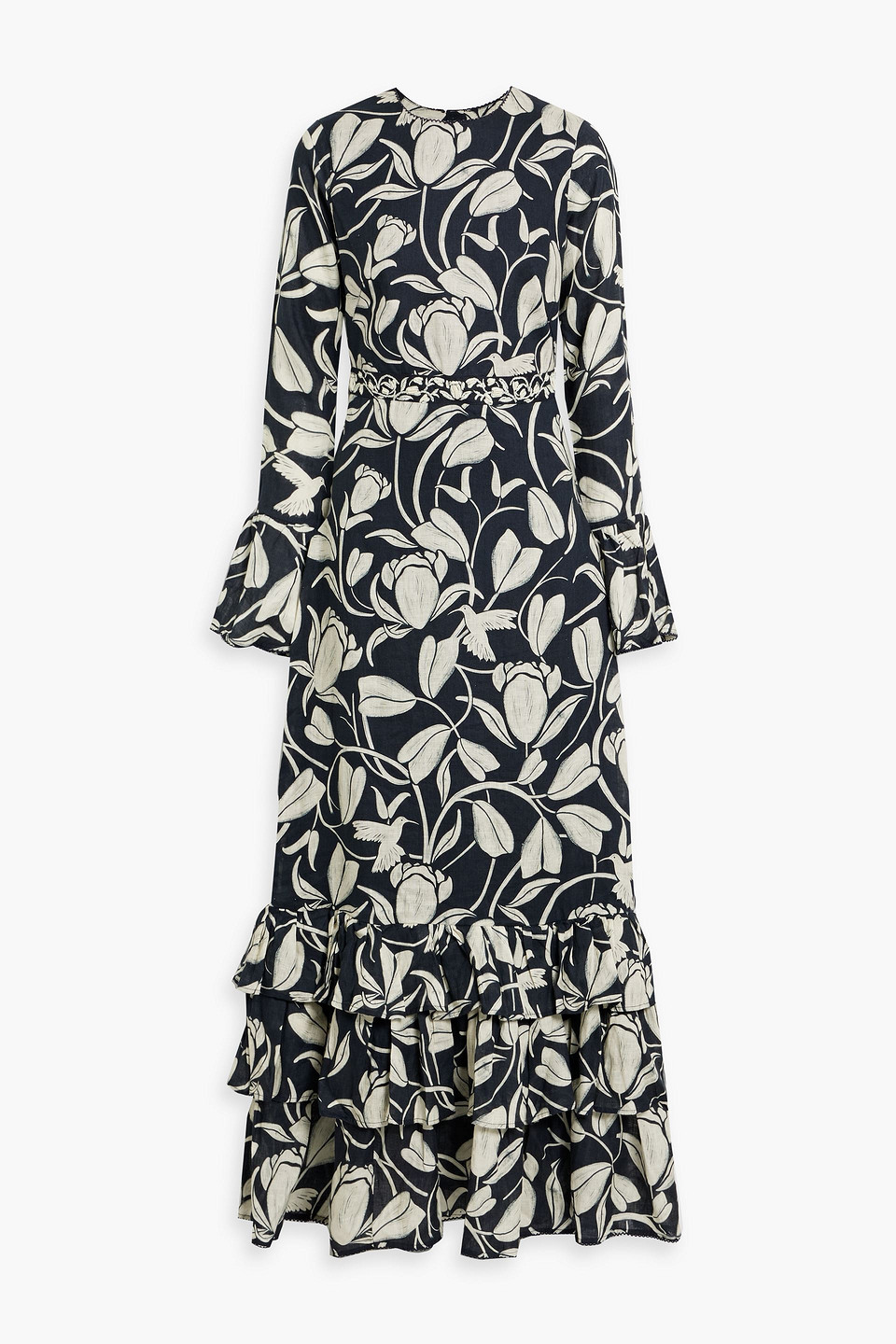 Agua By Agua Bendita Citrus Flora Embellished Ruffled Floral-print Linen Maxi Dress In Black