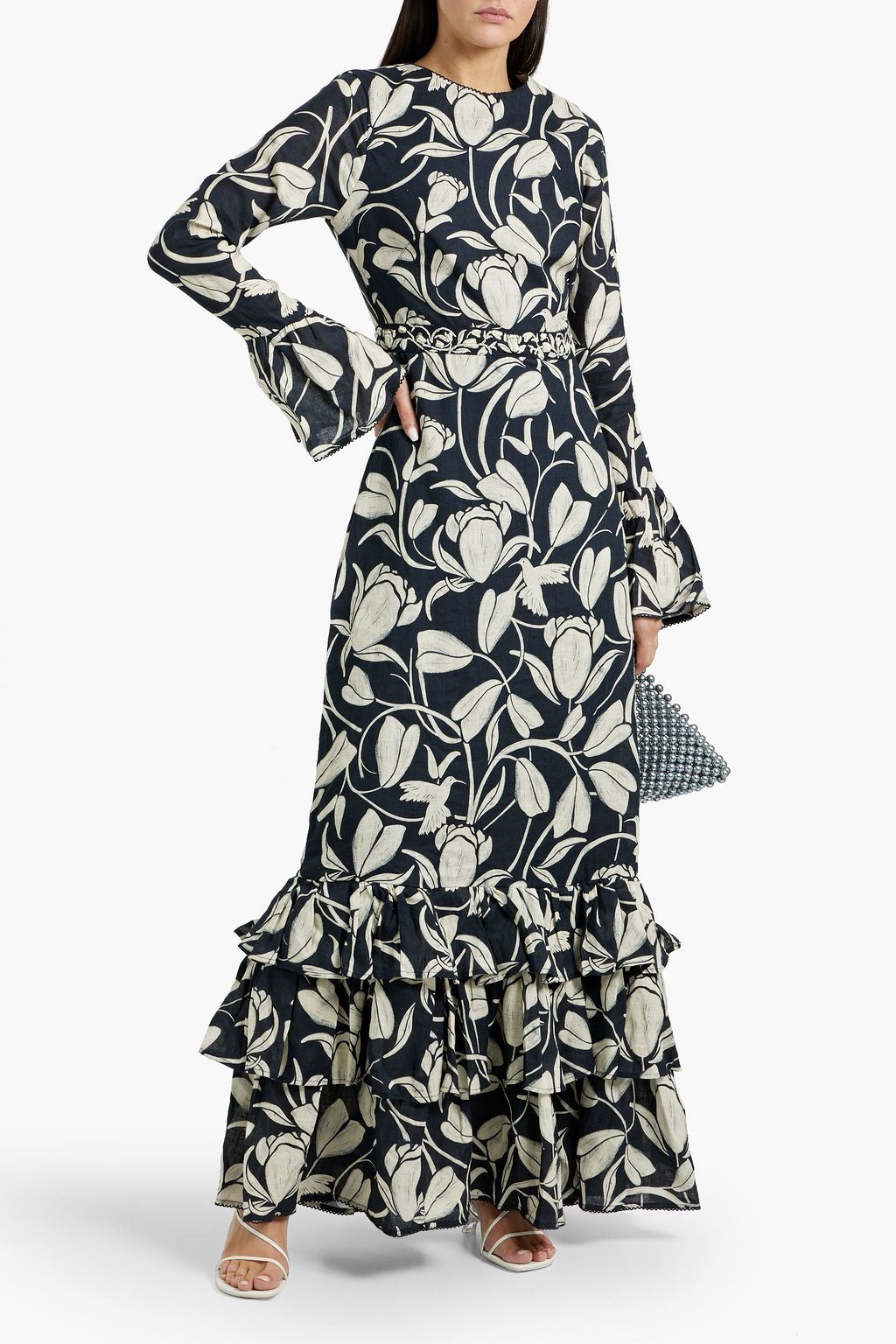 AGUA BY AGUA BENDITA Citrus Flora embellished ruffled floral-print linen maxi dress