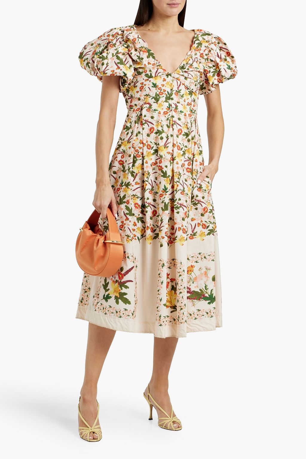 AGUA BY AGUA BENDITA Chontaduro Clemintina pleated floral-print cotton-poplin midi dress