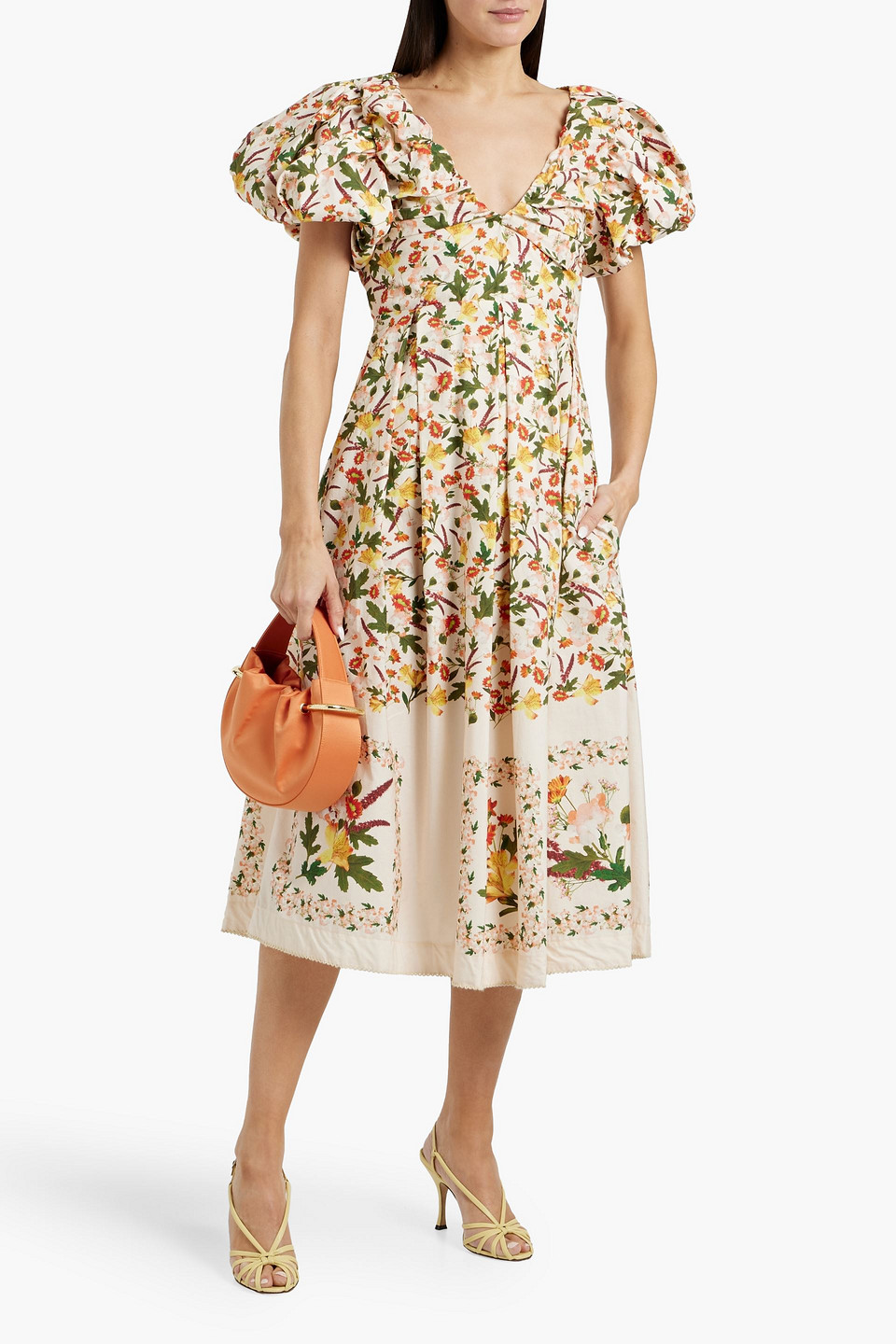 Agua By Agua Bendita Chontaduro Clemintina Pleated Floral-print Cotton-poplin Midi Dress In Multicolor