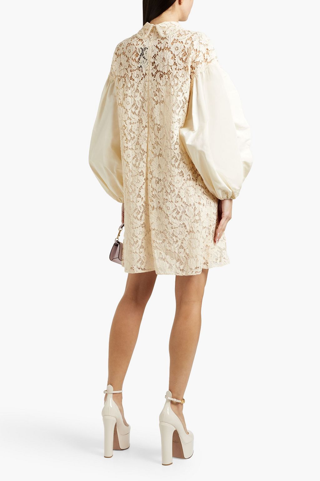 VALENTINO GARAVANI Bead-embellished guipure lace and cotton-blend faille mini dress