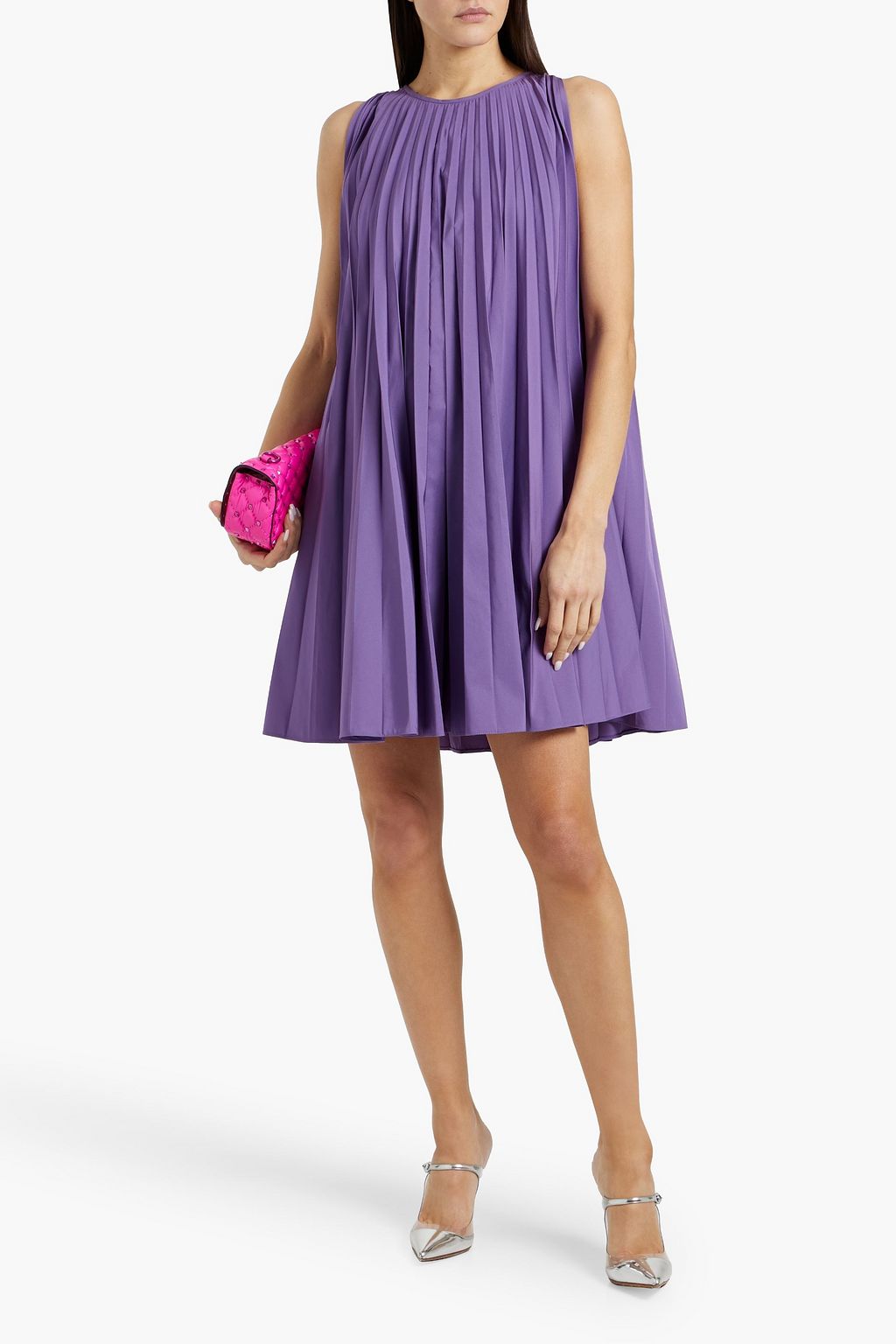 VALENTINO GARAVANI Plissé cotton-blend taffeta mini dress