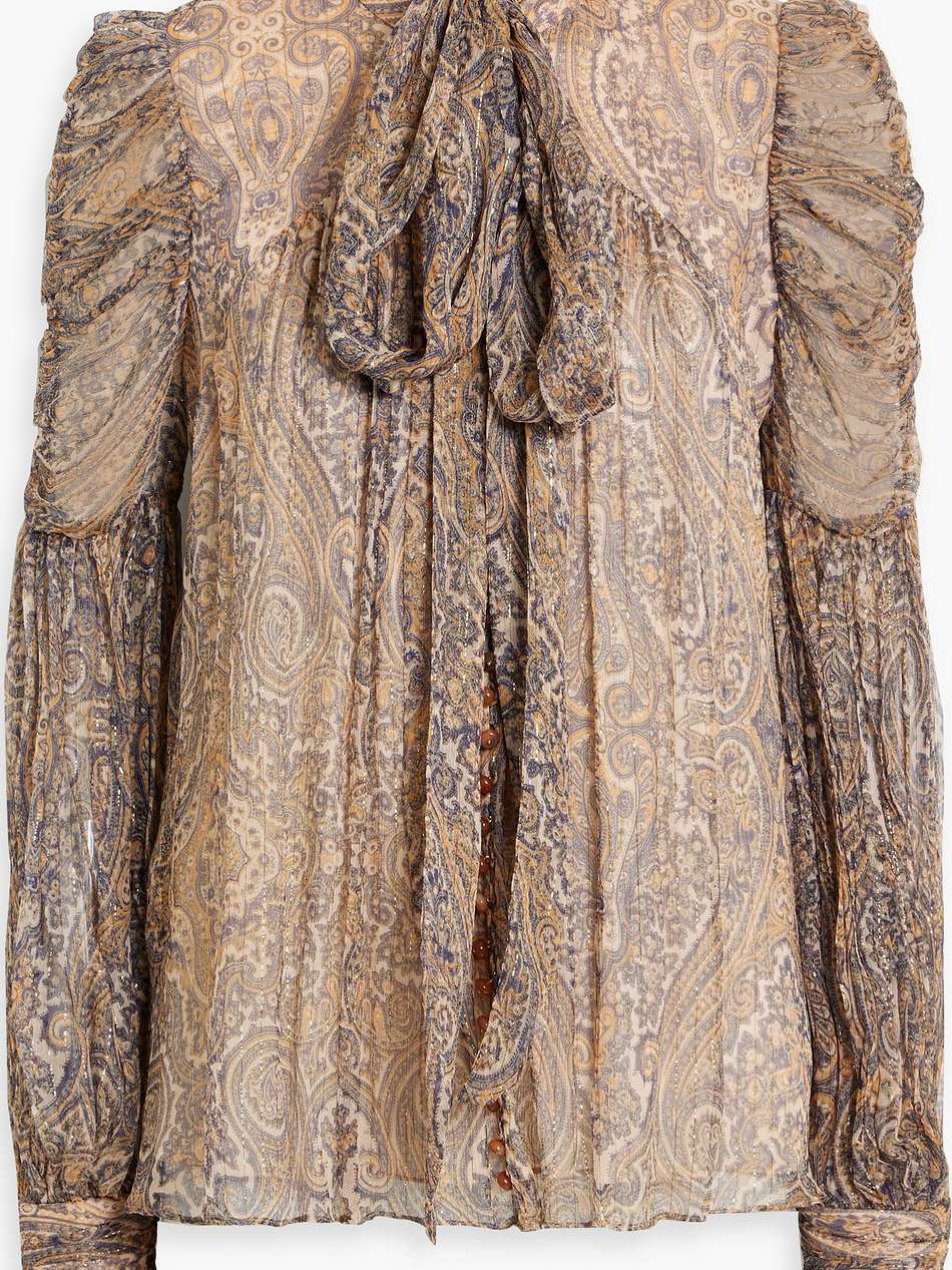 pussy-bow paisley-print metallic silk-blend georgette blouse