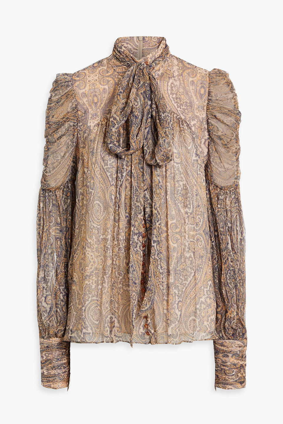 Zimmermann Pussy-bow Paisley-print Metallic Silk-blend Georgette Blouse In Navy