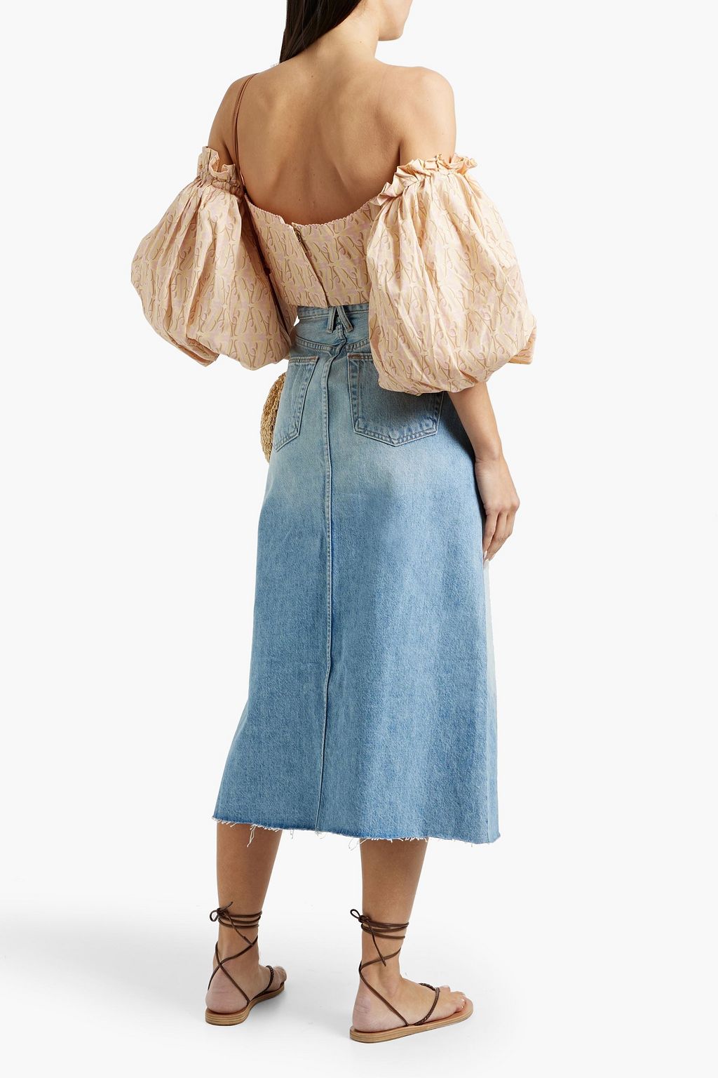 AGUA BY AGUA BENDITA Bermejo Sello cropped off-the-shoulder printed cotton-poplin top