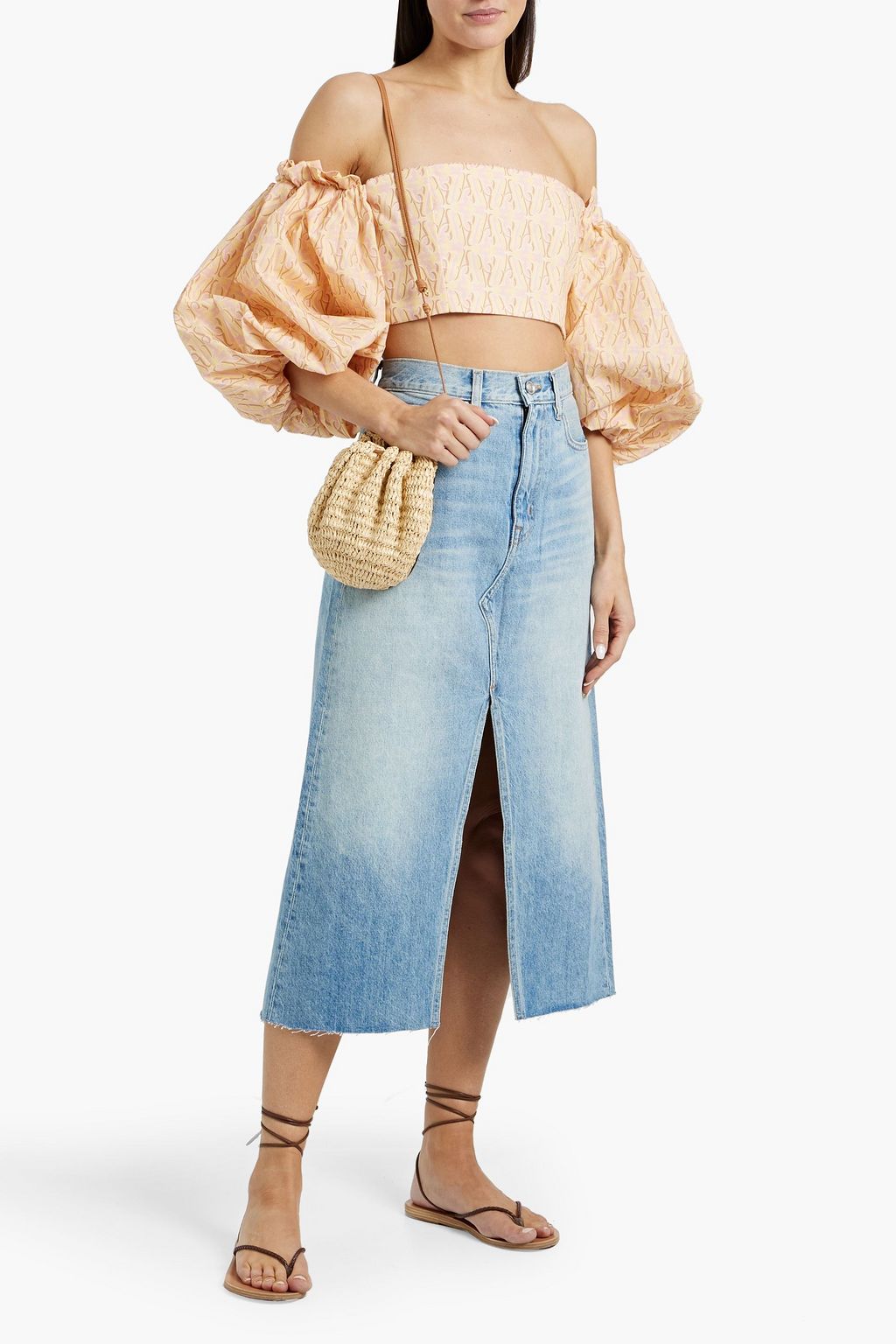 AGUA BY AGUA BENDITA Bermejo Sello cropped off-the-shoulder printed cotton-poplin top