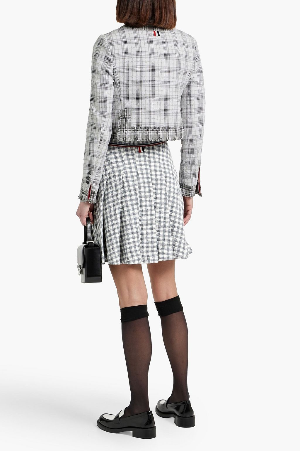 THOM BROWNE Pleated gingham cotton-blend bouclé-tweed mini skirt