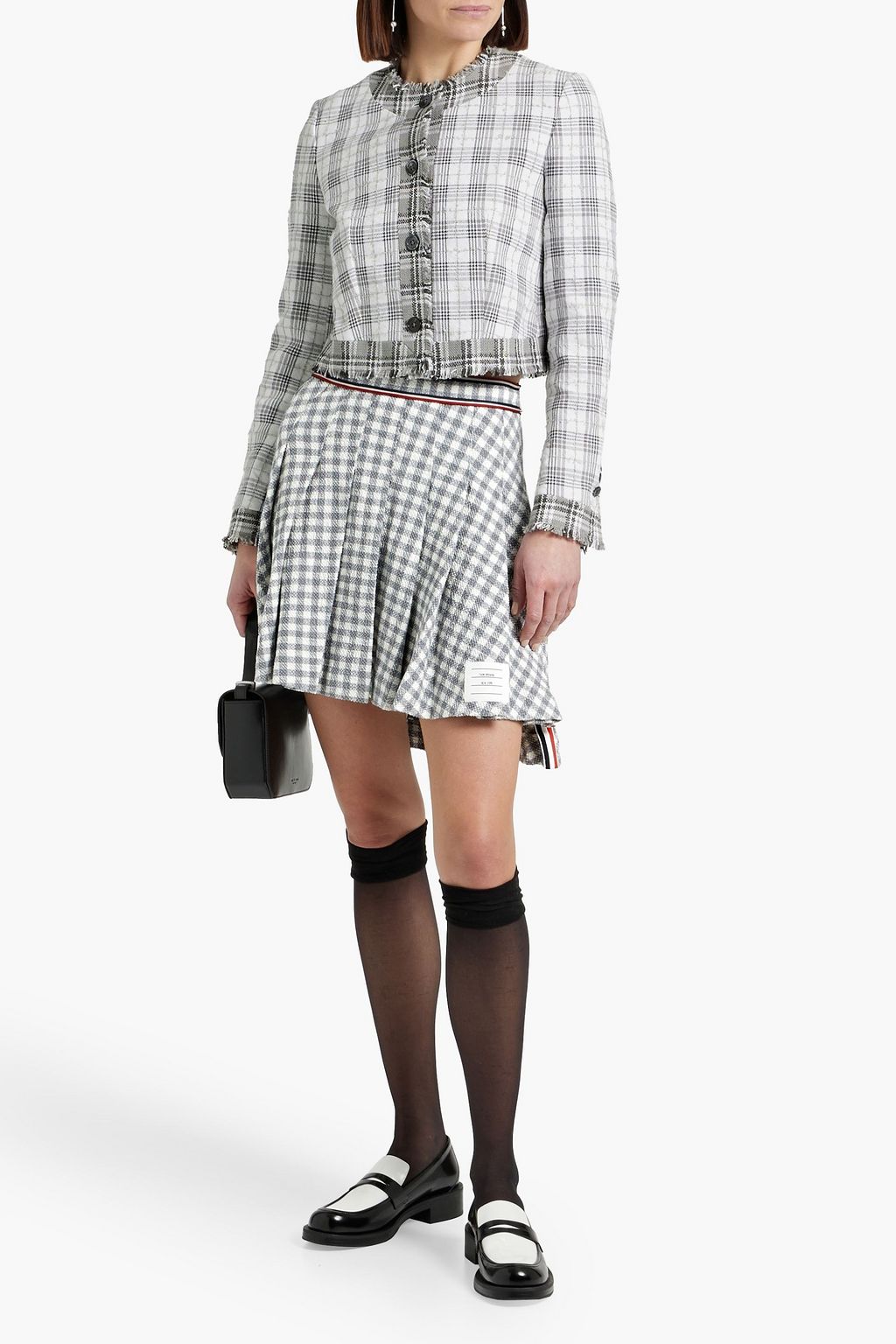 THOM BROWNE Pleated gingham cotton-blend bouclé-tweed mini skirt