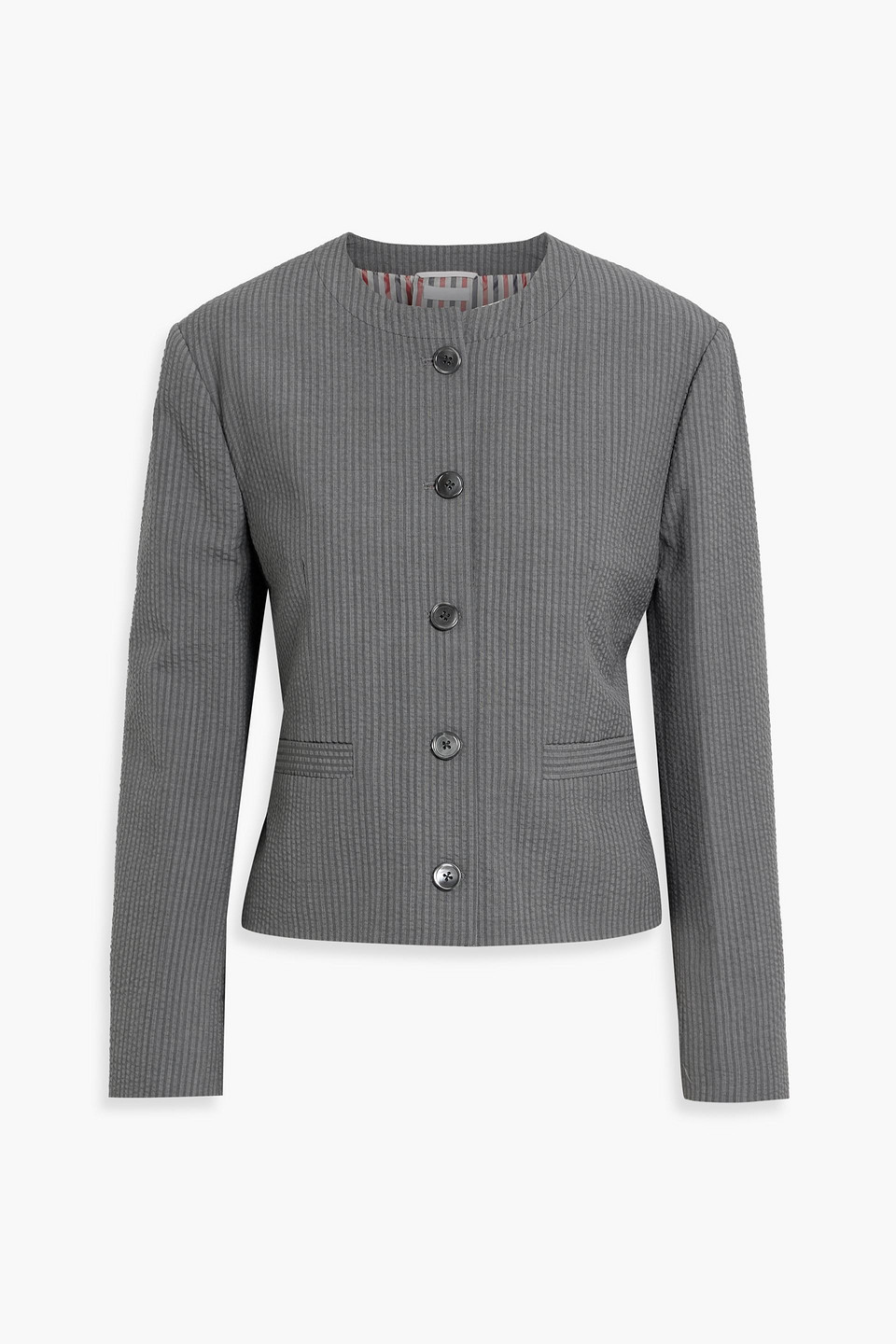 Thom Browne Cropped Wool-seersucker Jacket In Gray