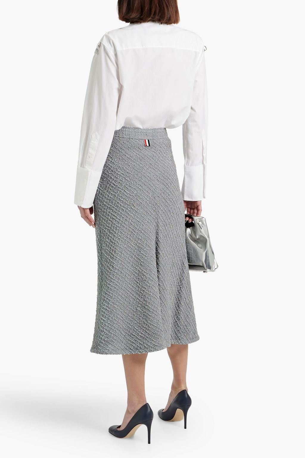 THOM BROWNE Striped shell-paneled frayed cotton-blend tweed midi skirt
