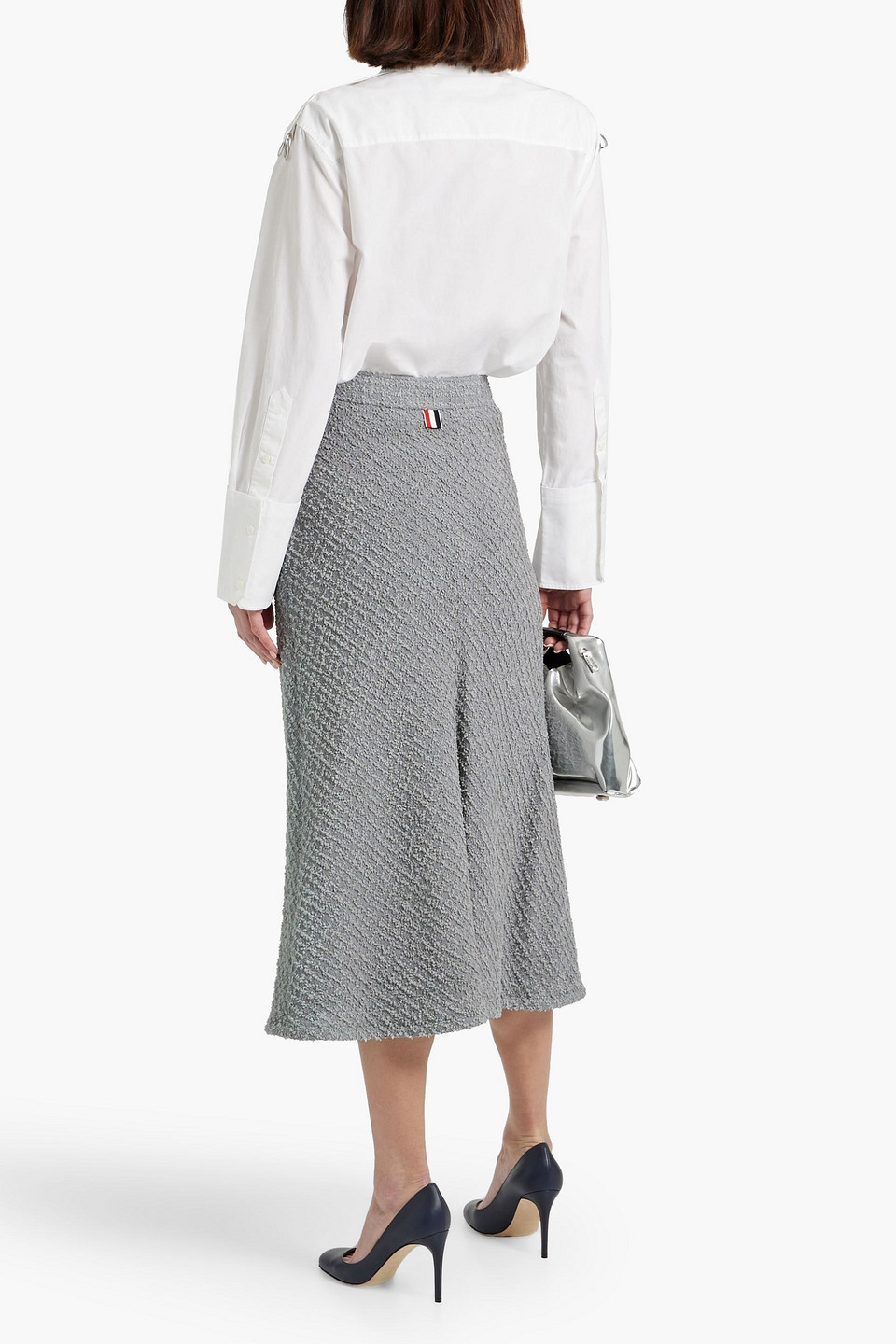 Thom Browne Striped Shell-paneled Frayed Cotton-blend Tweed Midi Skirt In Gray