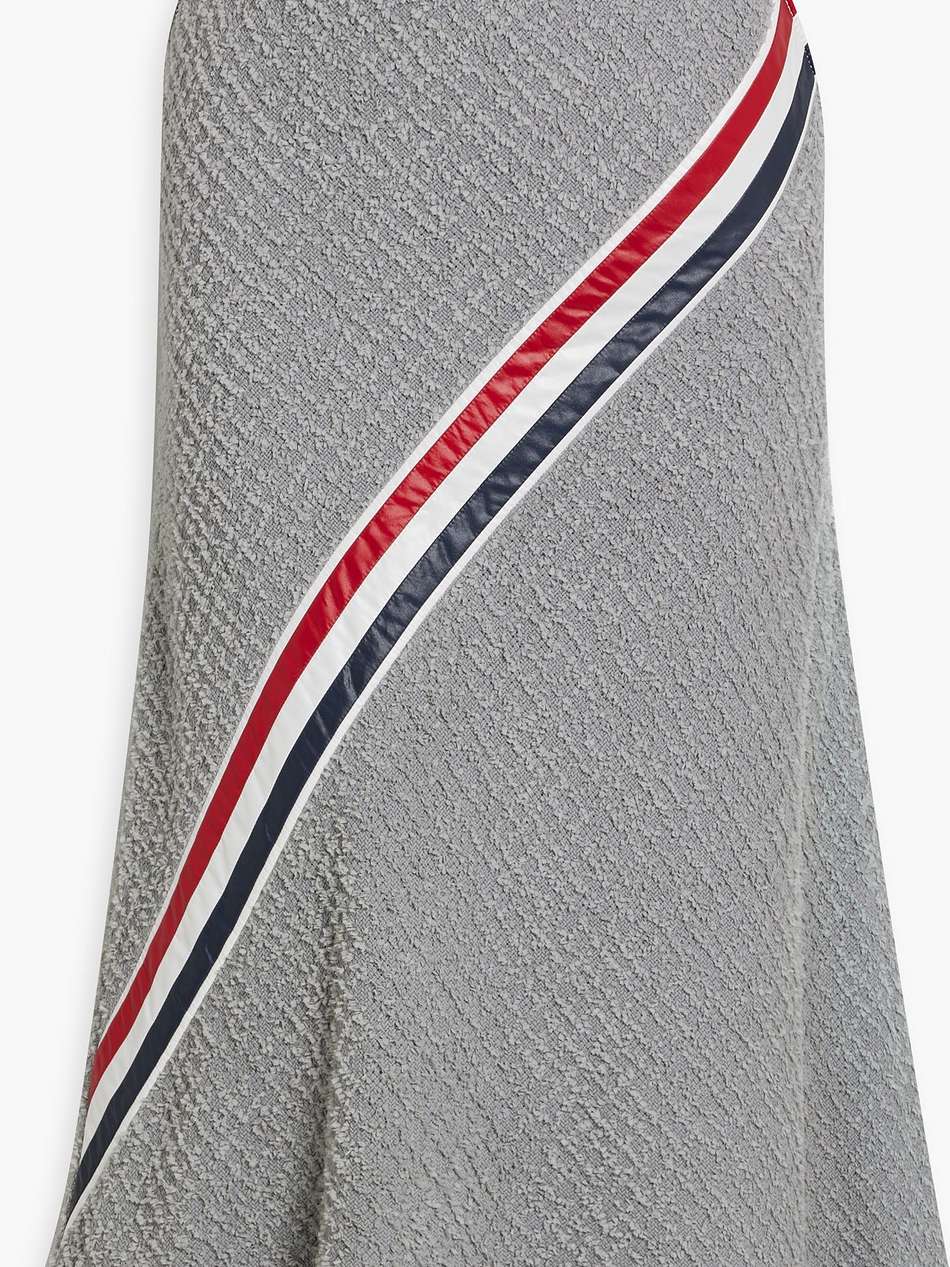 striped shell-paneled frayed cotton-blend tweed midi skirt