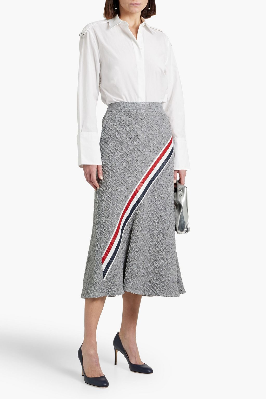 THOM BROWNE Striped shell-paneled frayed cotton-blend tweed midi skirt