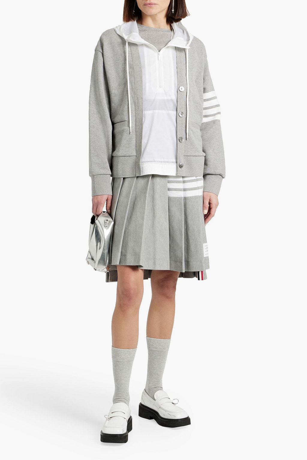 THOM BROWNE Pleated striped cotton-blend piqué skirt