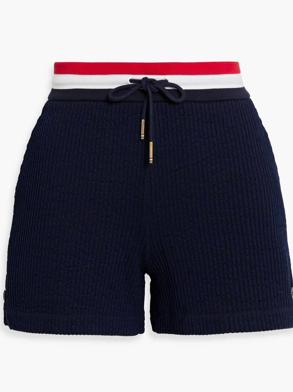 button-embellished cotton-seersucker shorts