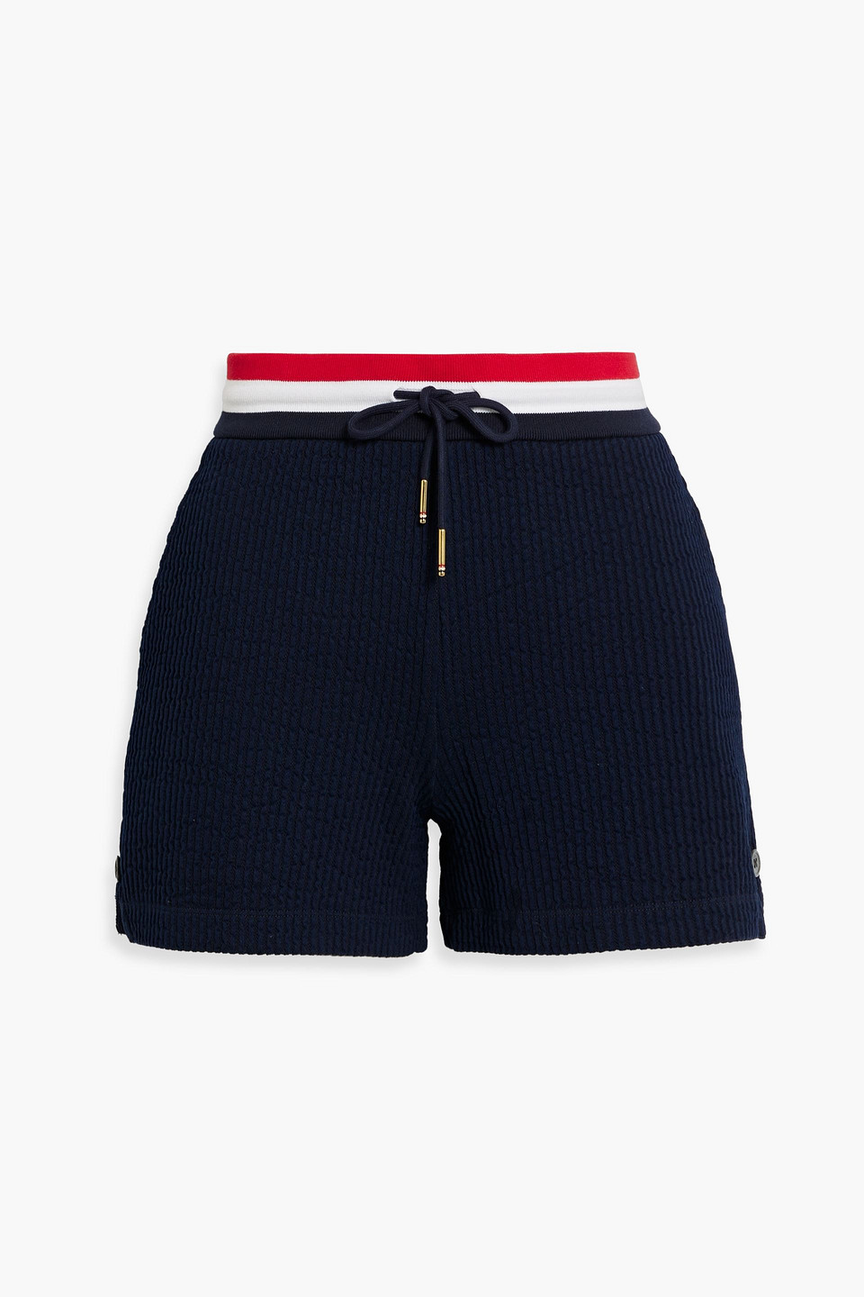 Thom Browne Button-embellished Cotton-seersucker Shorts In Navy