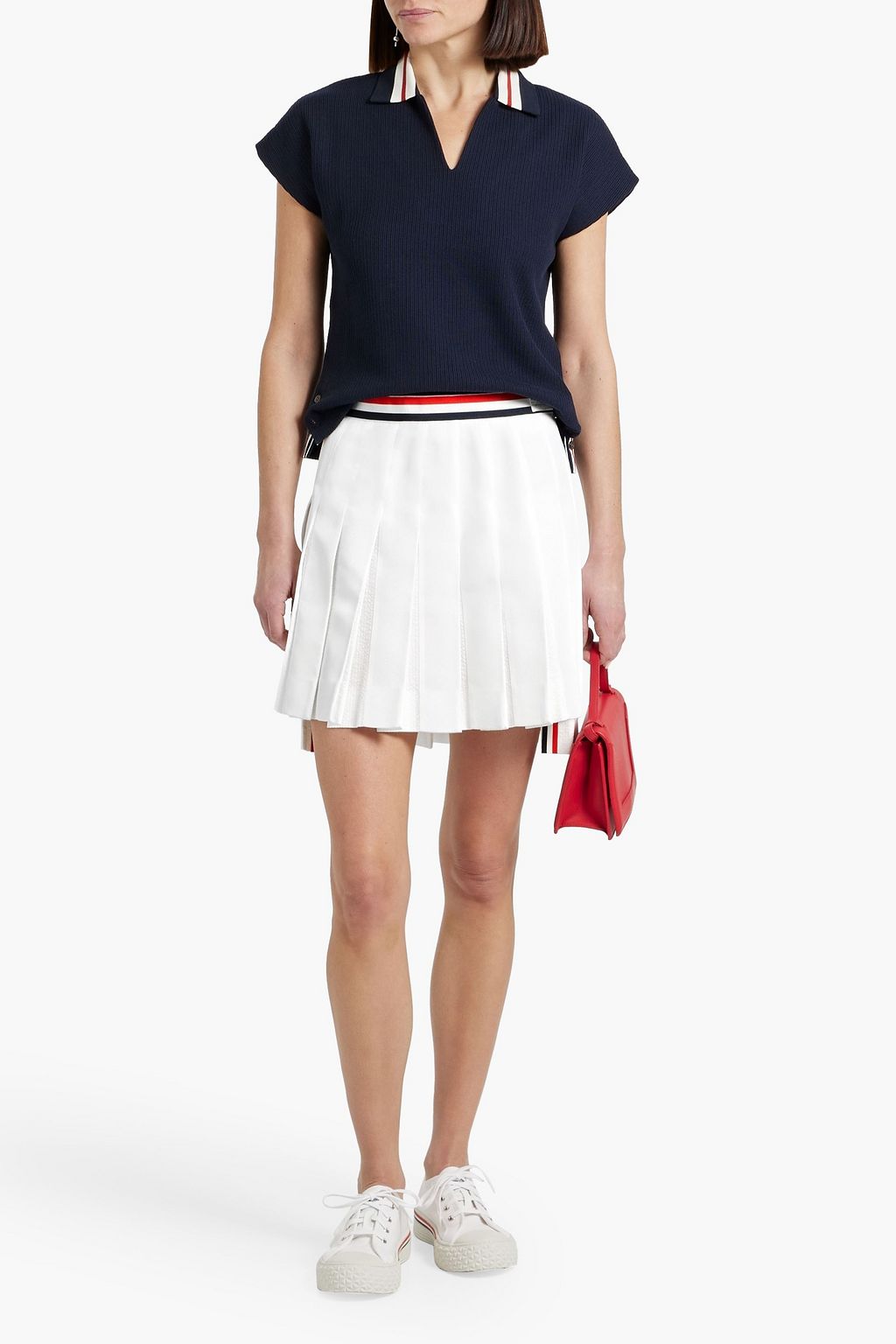 THOM BROWNE Pleated cotton-seersucker and grosgrain mini skirt