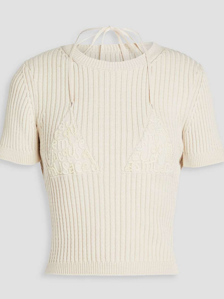 la maille bikini embellished ribbed cotton-blend top