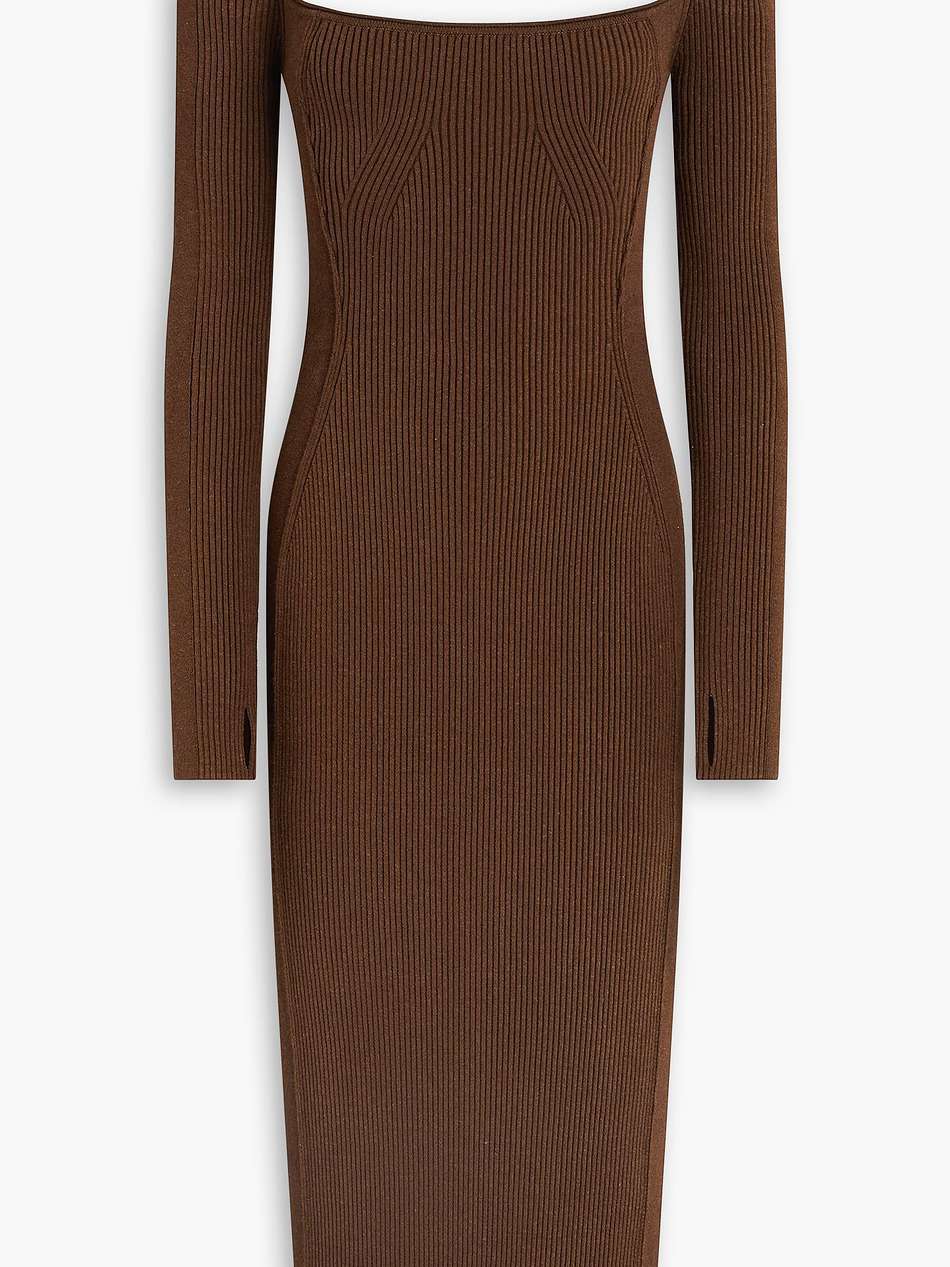 sierra off-the-shoulder ribbed-knit midi dress