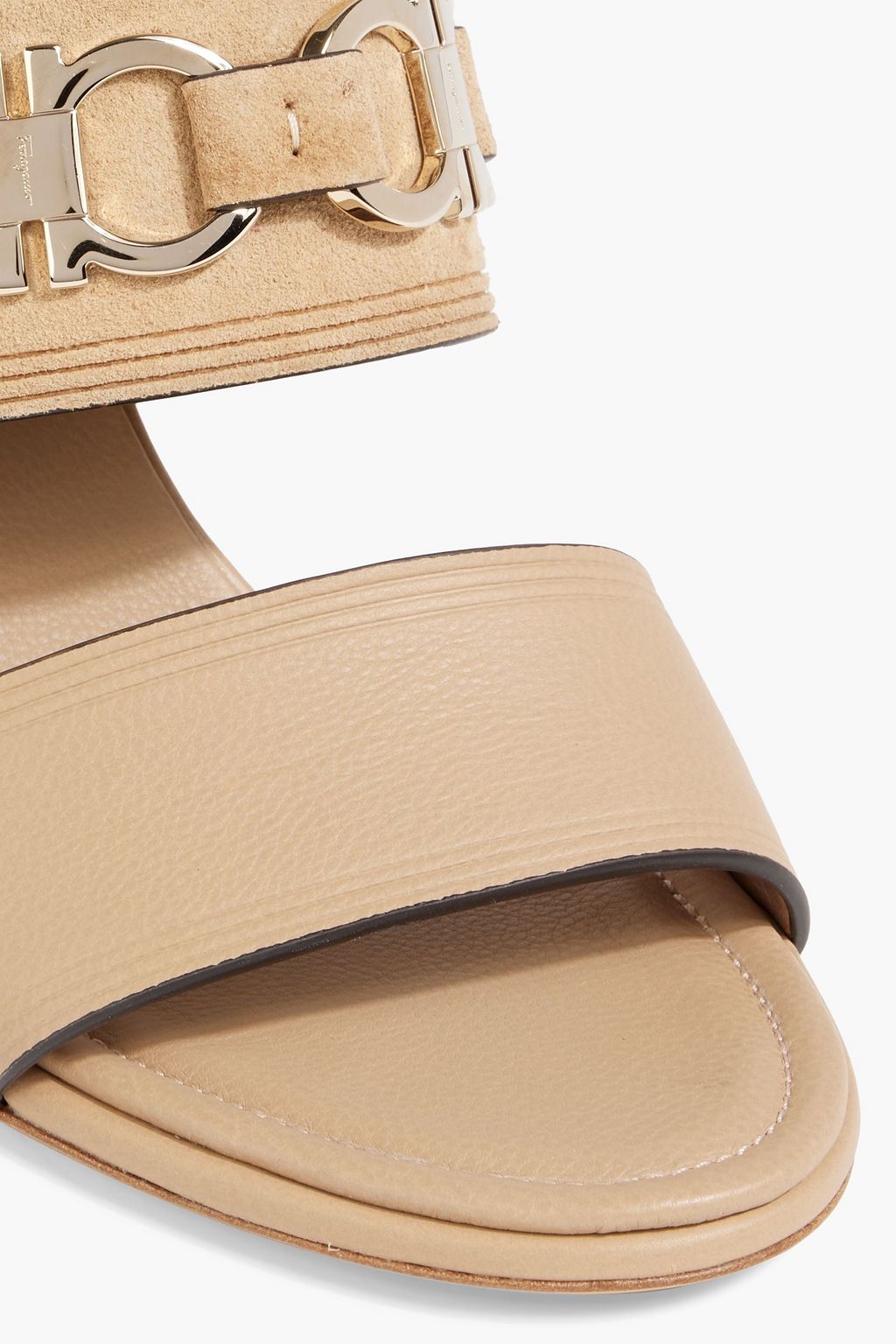 FERRAGAMO Chaim 70 embellished leather and suede wedge mules