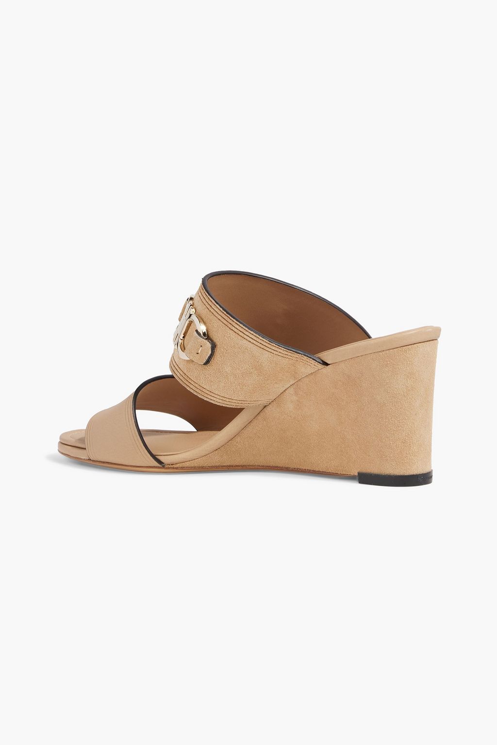 FERRAGAMO Chaim 70 embellished leather and suede wedge mules