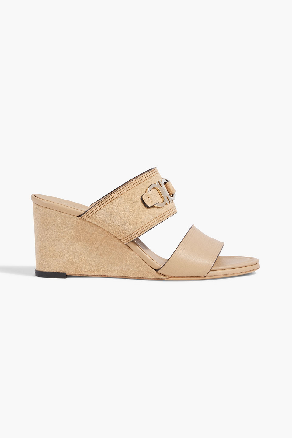 Ferragamo Chaim 70 Embellished Leather And Suede Wedge Mules In Beige