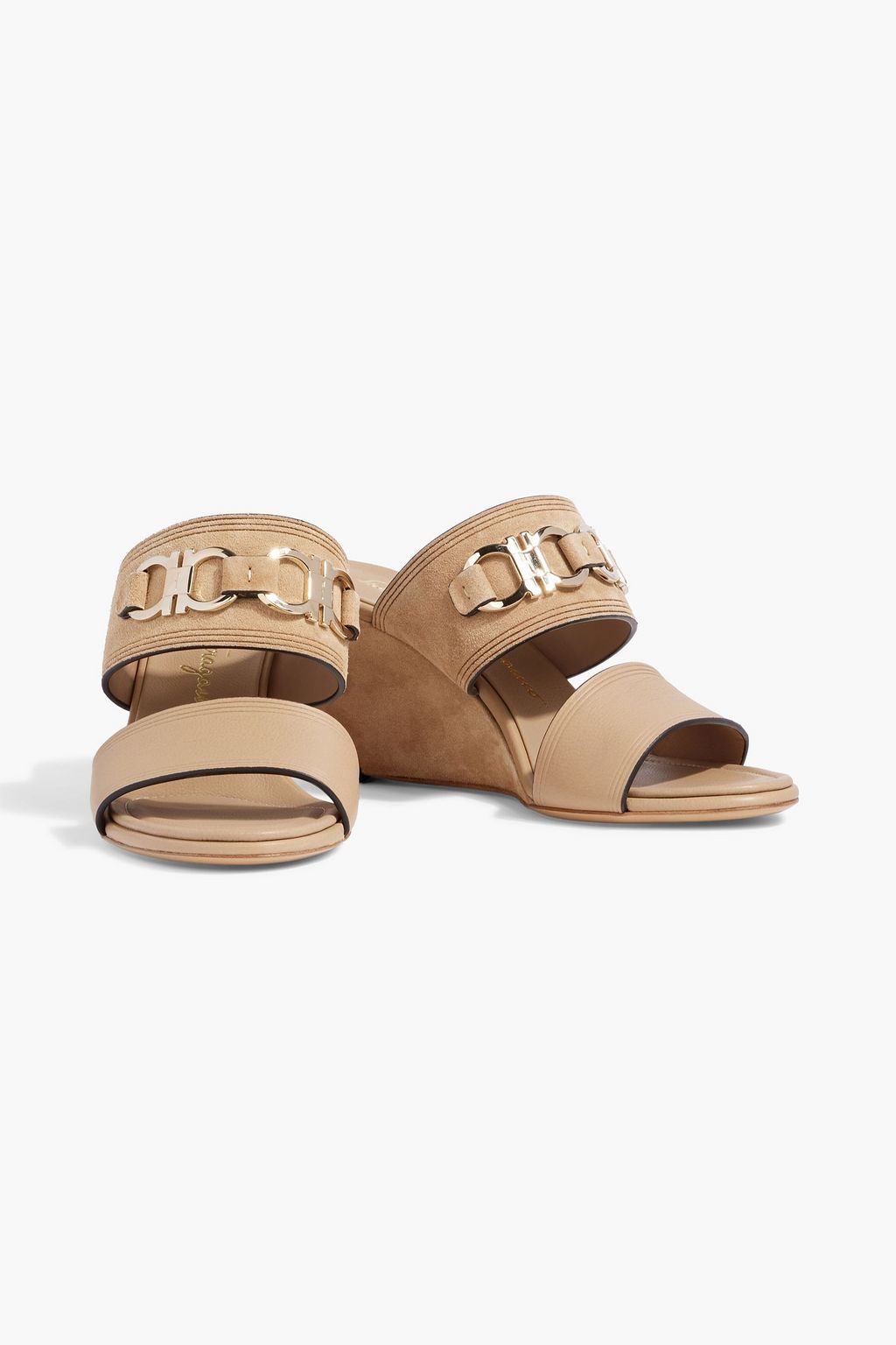 FERRAGAMO Chaim 70 embellished leather and suede wedge mules