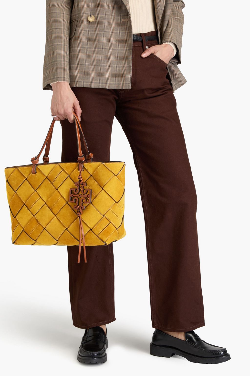TORY BURCH حقيبة توت ميلر من الشامواه المحبوك بحواف من الجلد