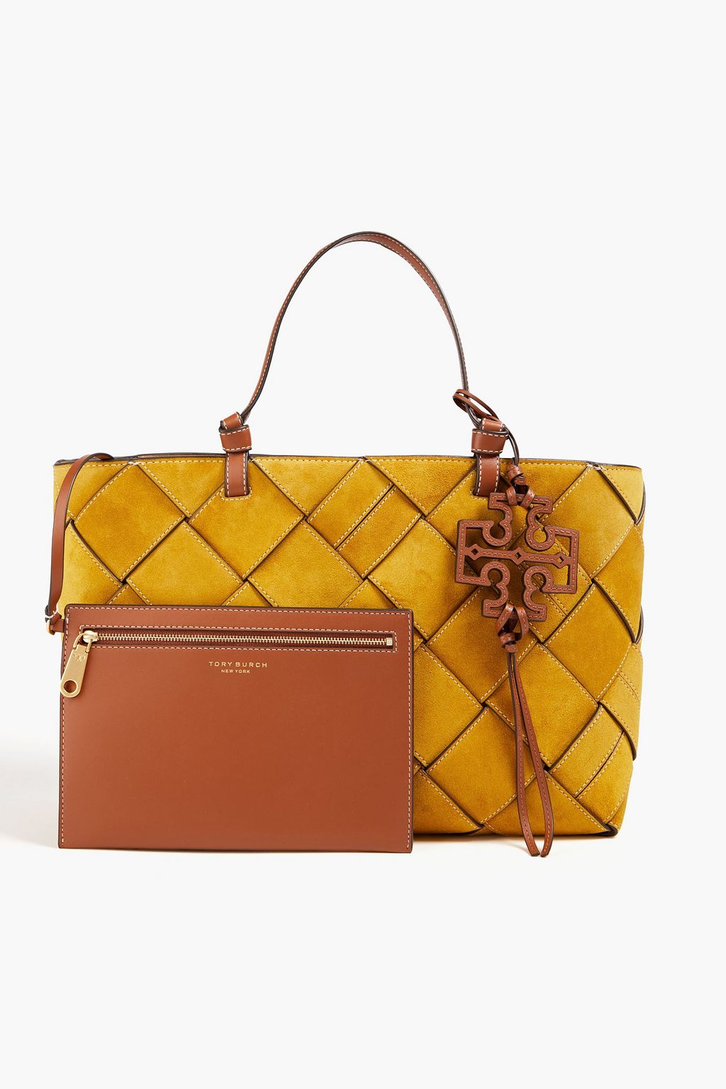 TORY BURCH حقيبة توت ميلر من الشامواه المحبوك بحواف من الجلد