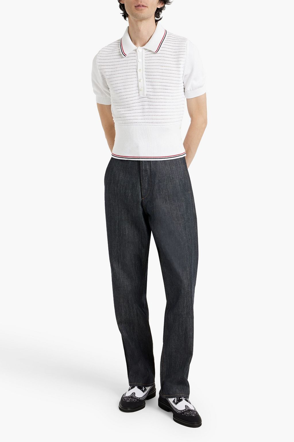 THOM BROWNE Pointelle-knit cotton polo shirt