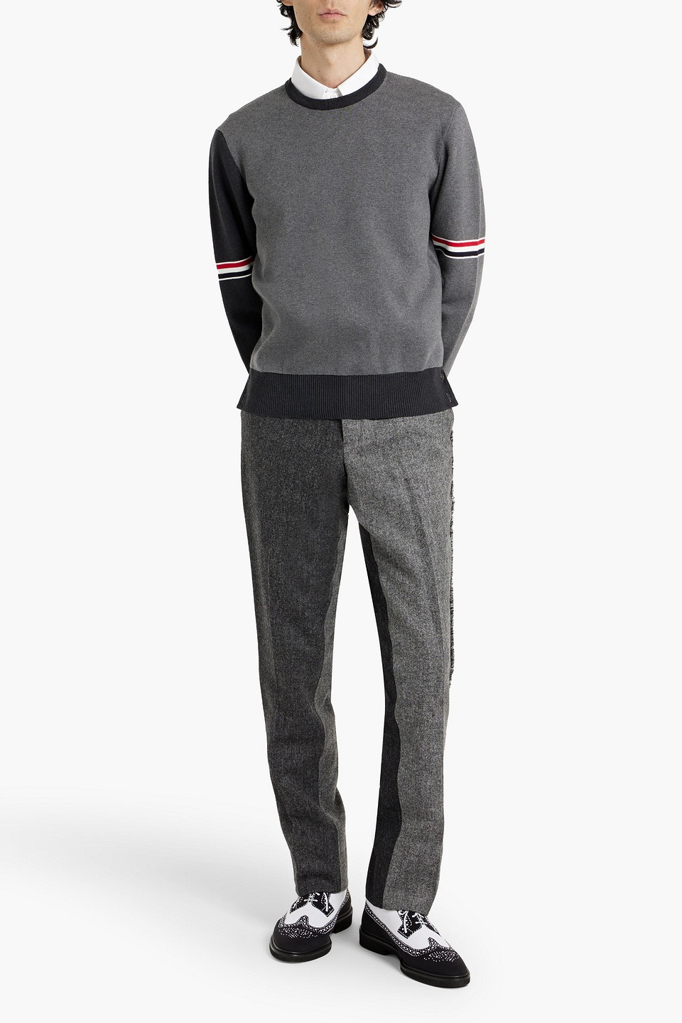 Thom Browne Tapered Two-tone Wool-tweed Pants In Dark Gray