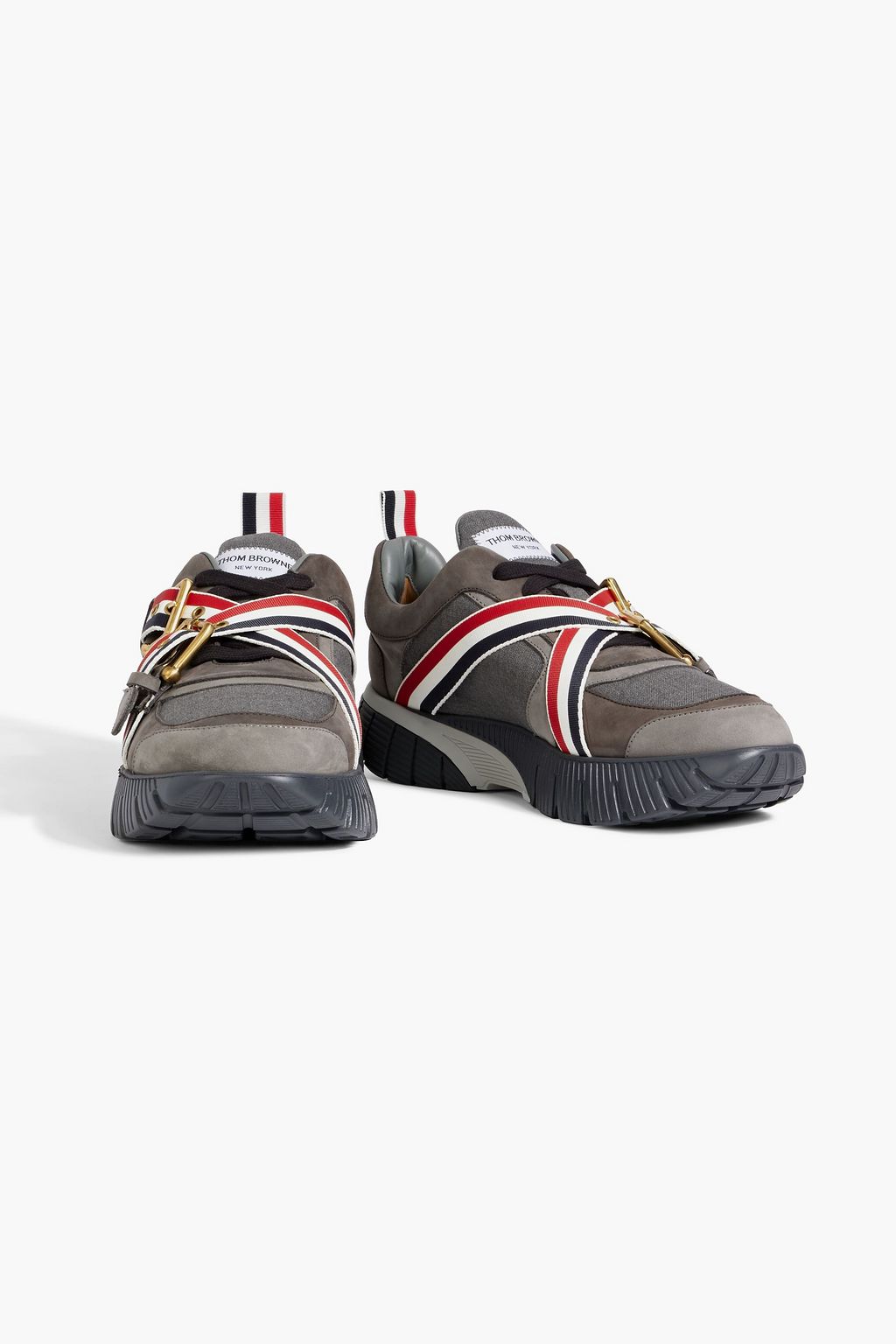 THOM BROWNE Striped flannel and suede sneakers