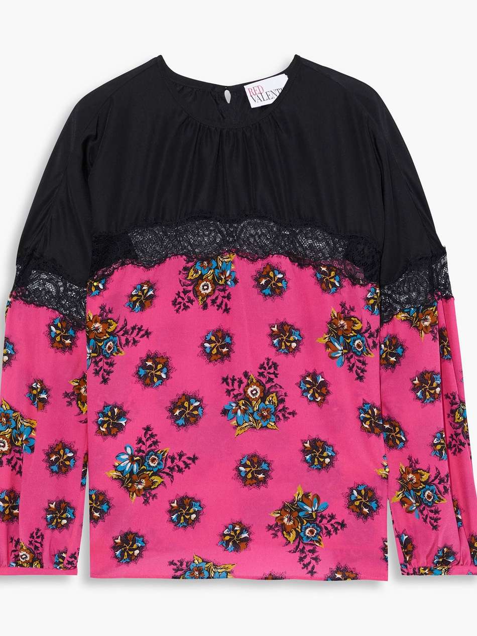 lace-trimmed floral-print silk crepe de chine blouse