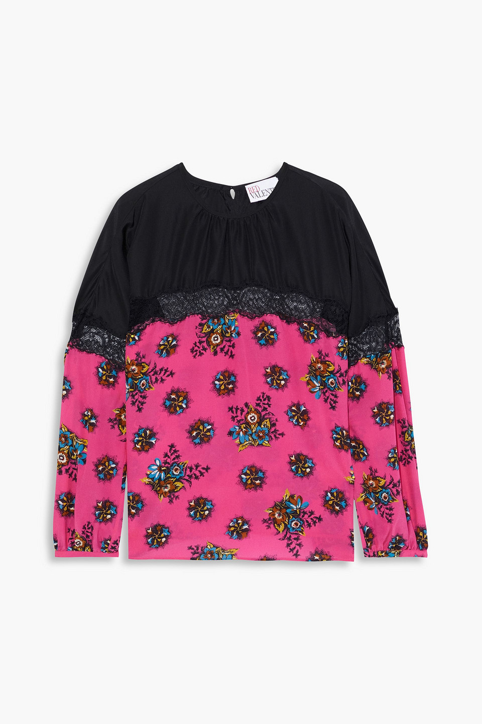 Red Valentino Lace-trimmed Floral-print Silk Crepe De Chine Blouse In Pink
