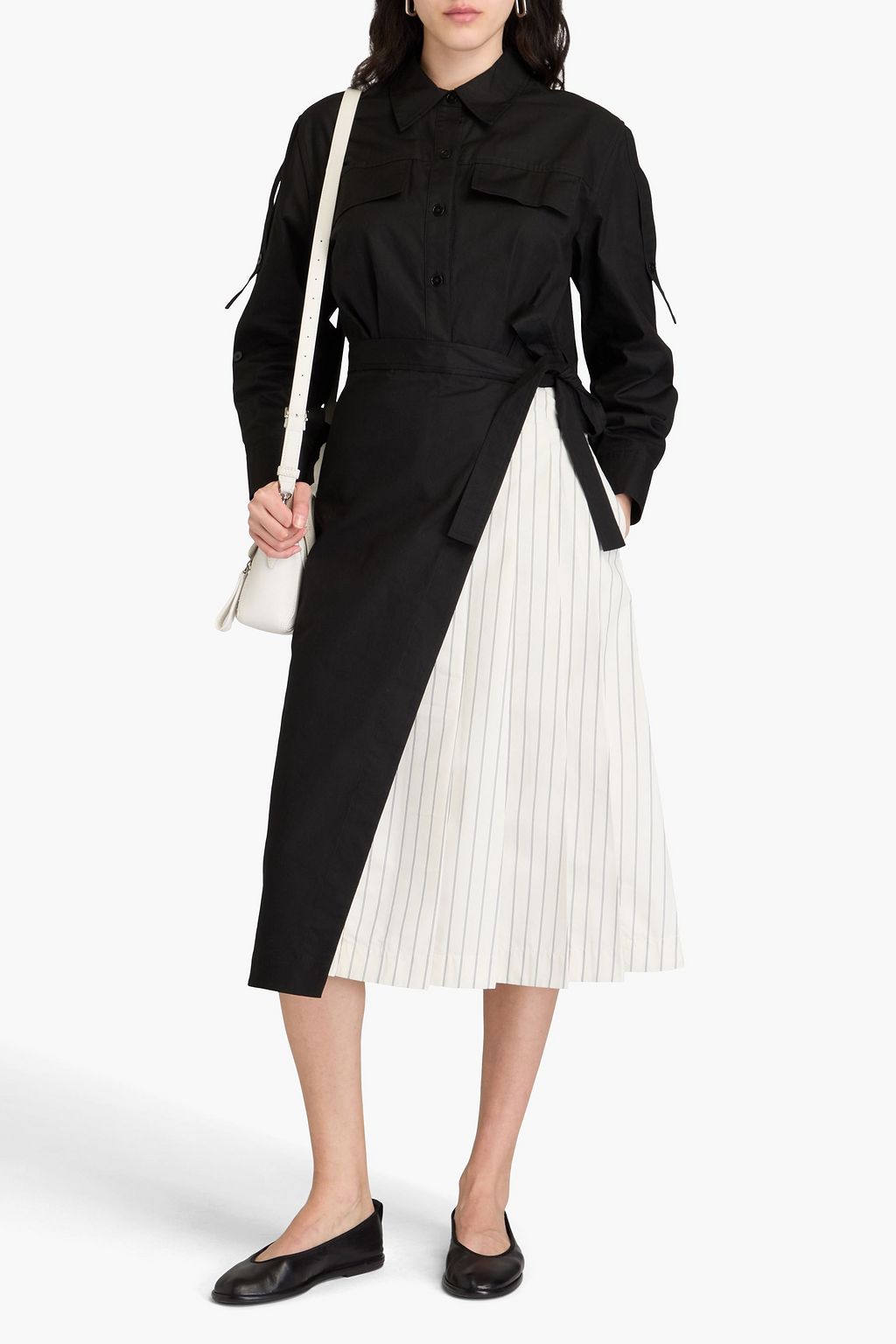 3.1 PHILLIP LIM فستان بأسلوب القميص بطبقات مخططة وقطع محاكة بجانب بعضها البعض من الكنفا والبوبلين من مزيج من القطن