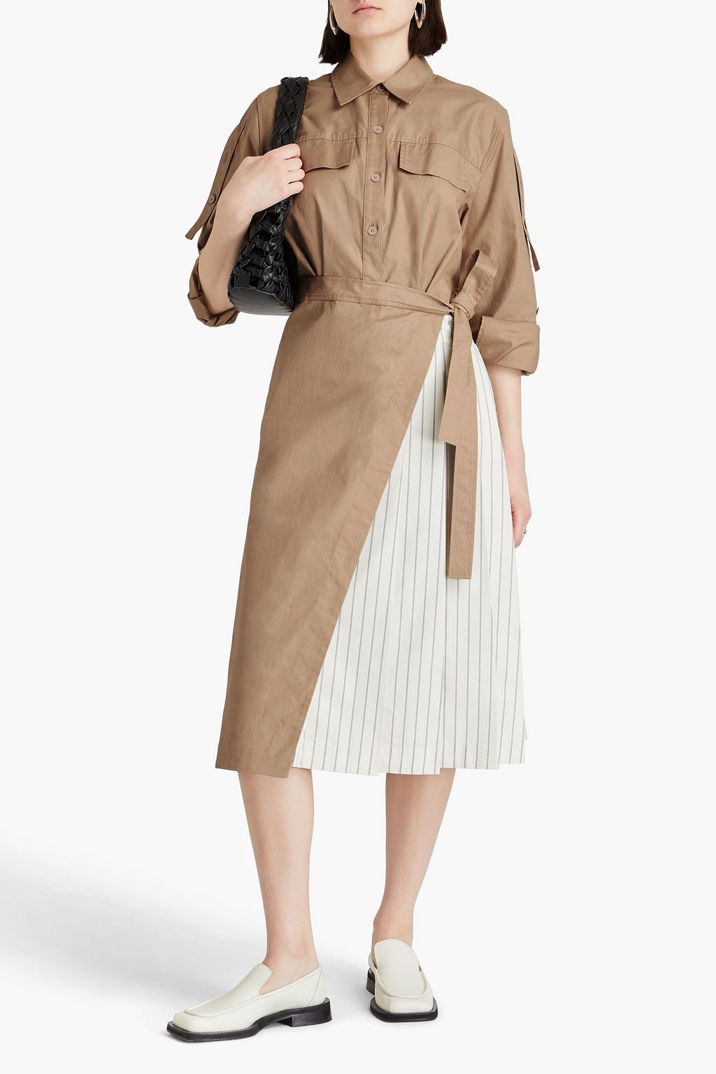 3.1 PHILLIP LIM فستان بأسلوب القميص بطبقات مخططة وقطع محاكة بجانب بعضها البعض من الكنفا والبوبلين من مزيج من القطن