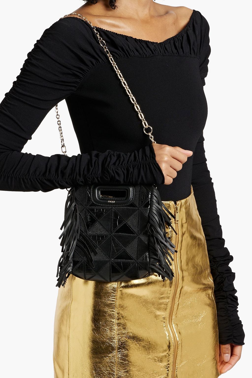 MAJE Fringed patchwork leather shoulder bag