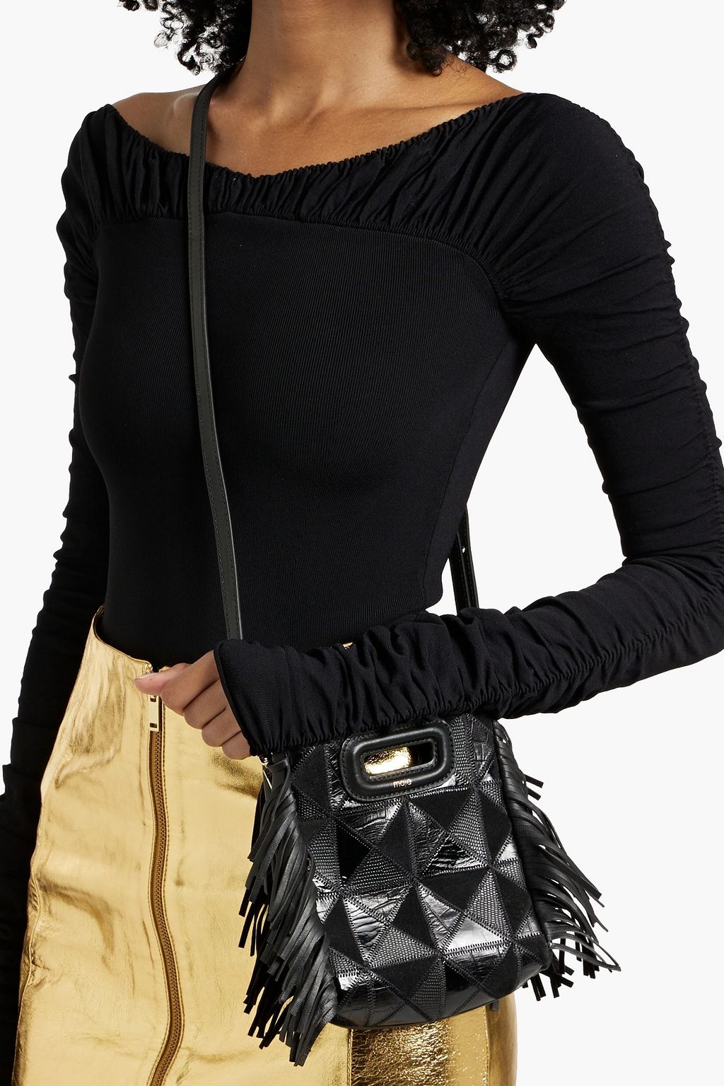 MAJE Fringed patchwork leather shoulder bag