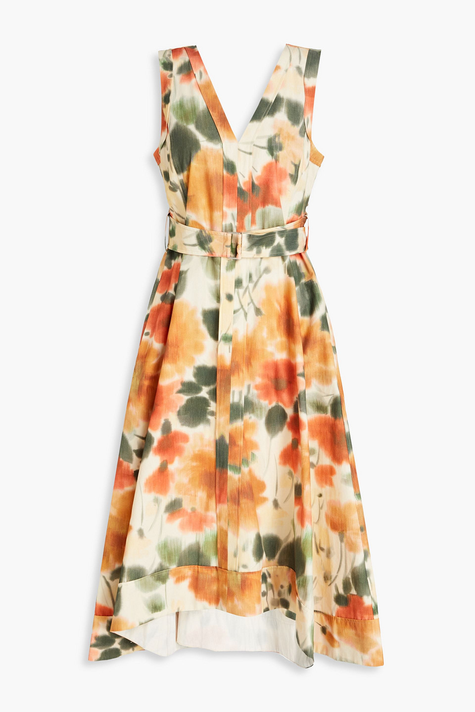 Belted floral-print cotton midi dress