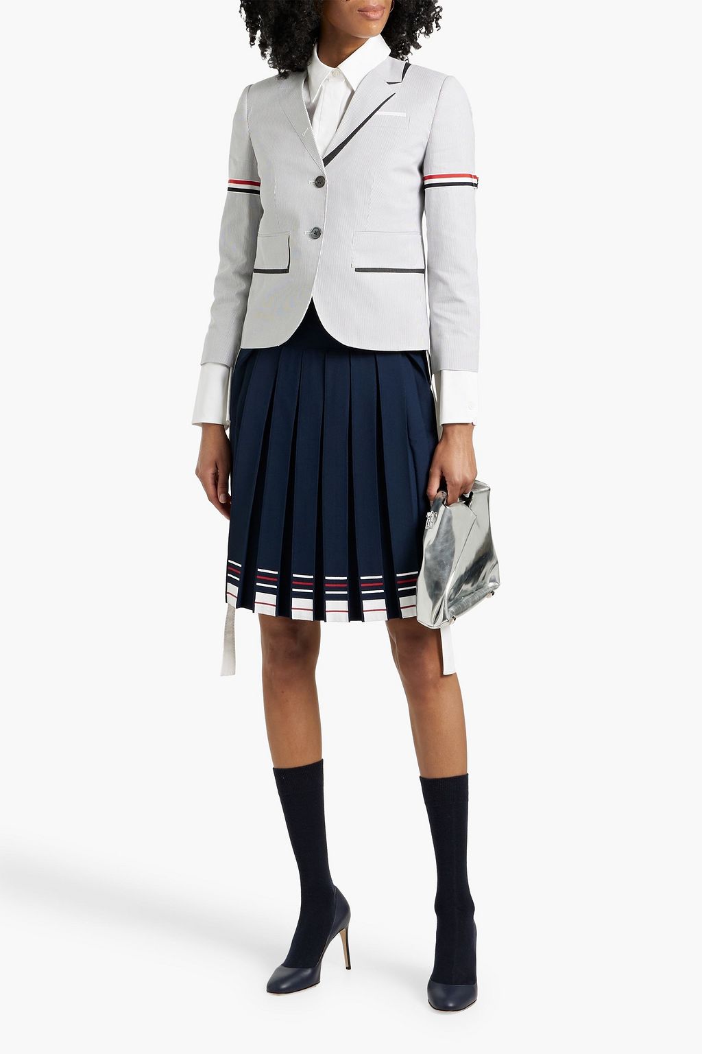 THOM BROWNE Pleated striped stretch-knit skirt