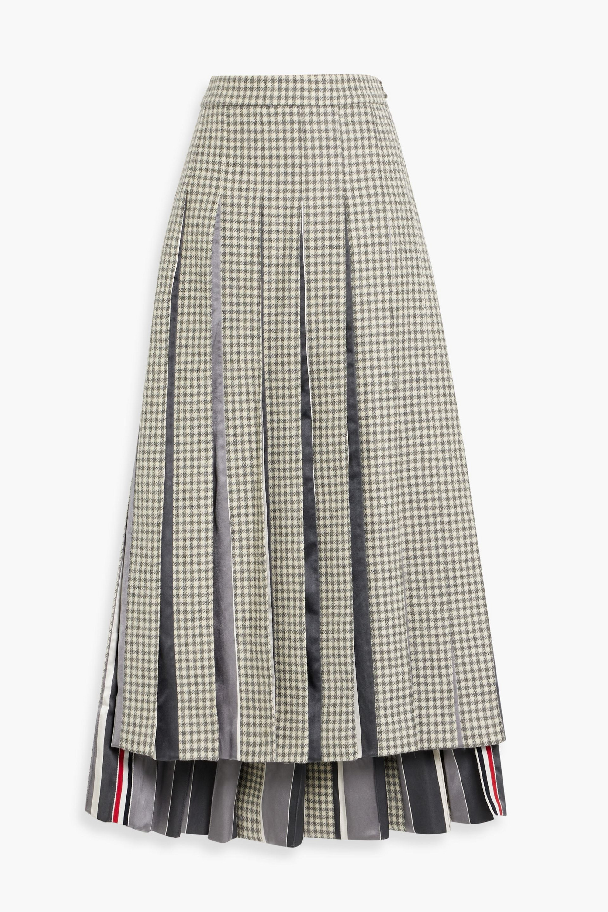 Thom Browne Pleated houndstooth wool-tweed and silk-satin midi skirt thumbnail