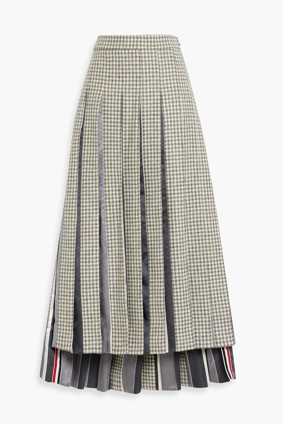 Pleated houndstooth wool-tweed and silk-satin midi skirt