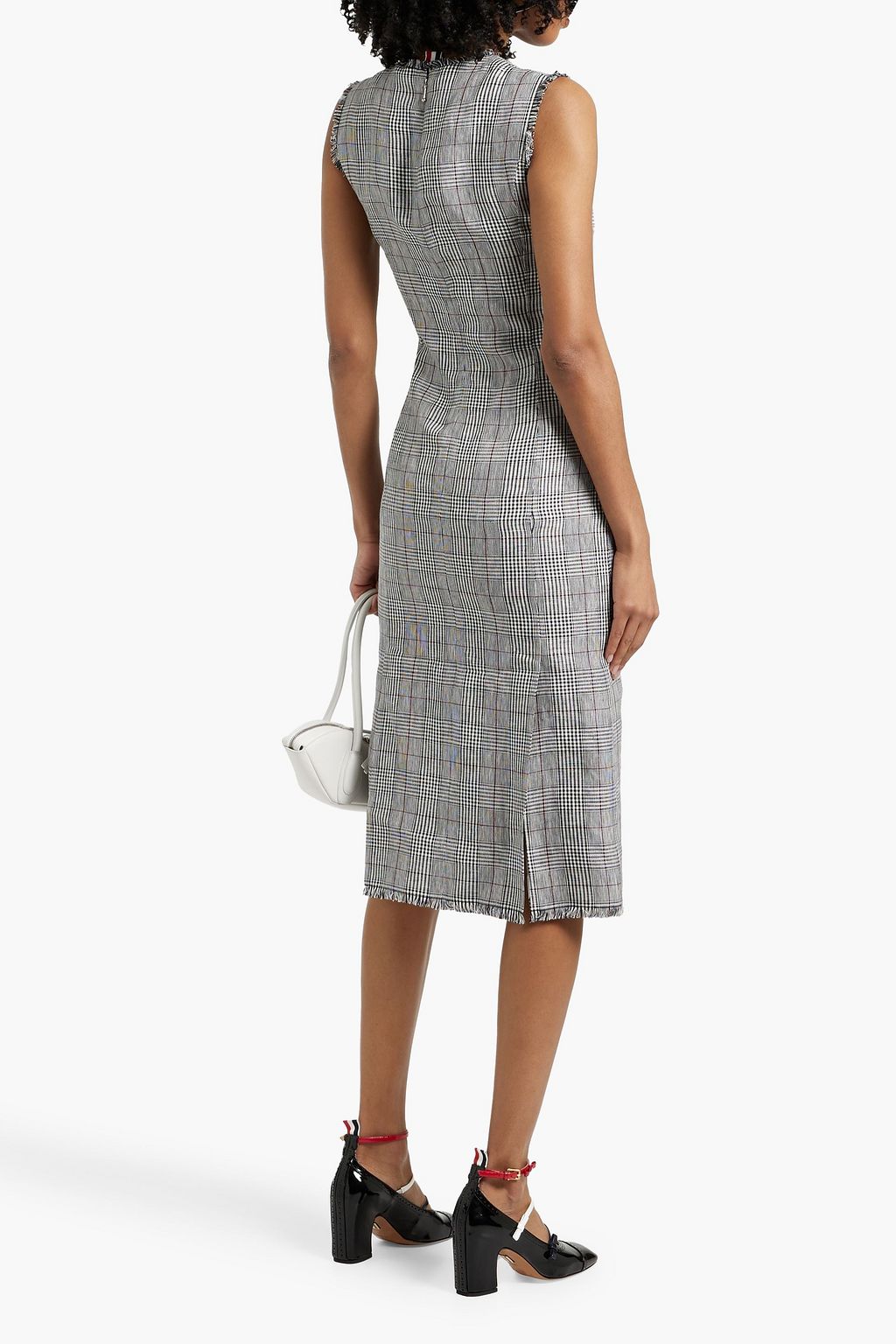 THOM BROWNE Frayed Prince of Wales checked linen-tweed midi dress